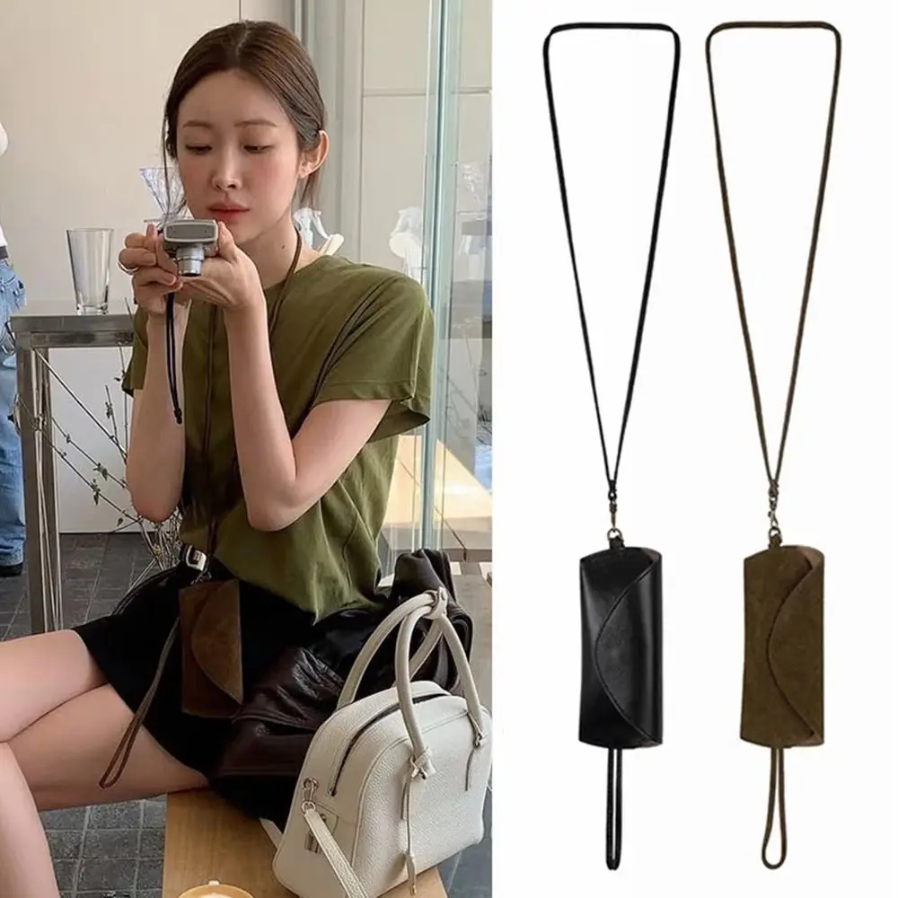 

PU Leather Sunglasses Storage Bag Solid Color with Lanyard Hanging Sunglasses Portable Durable Sunglasses Pouch