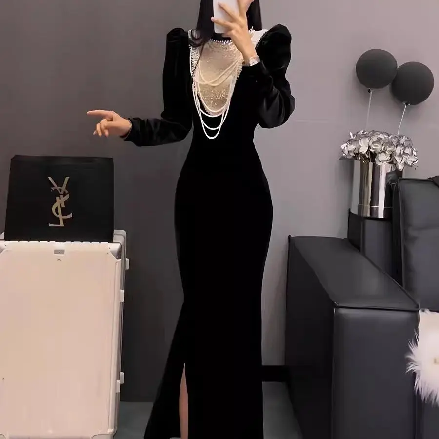 

Женское платье макси в стиле пэчворк с длинным рукавом, тонкое элегантное вечернее платье, юбка с разрезом на талии, модная осенне-зимняя TS416