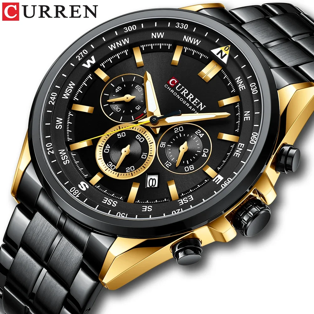 CURREN Brand Causal Sport Chronograph Men's Watches Stainless Steel Band Wristwatch Big Dial Quartz Clock with Luminous Pointers