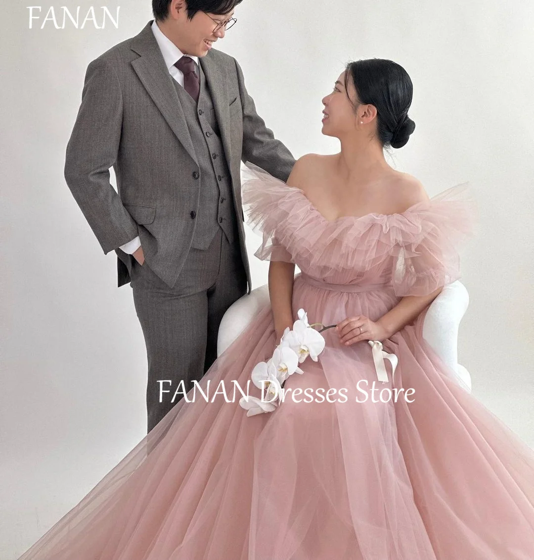 FANAN Off-Shoulder Tulle Pink Evening Party Dresses Korea Princess Ruffles Wedding Women Gowns Event Prom Gowns Customized