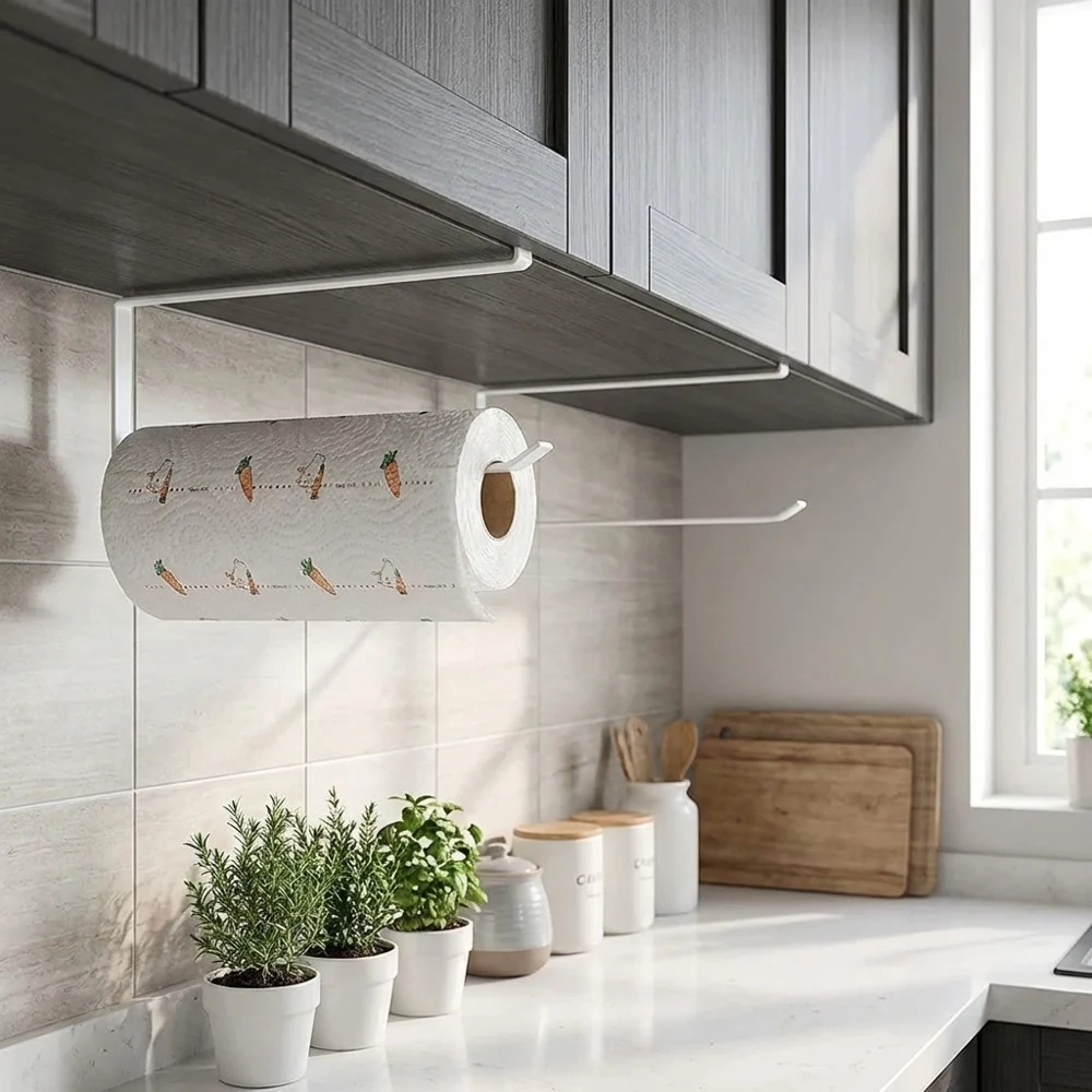 Portarrollos de Cocina Suspendido Sin Perforaciones, Soporte para Toallas de Papel y Paños de Cocina Montado en Gabinete, Organizador de Almacenamiento Doméstico que Ahorra Espacio