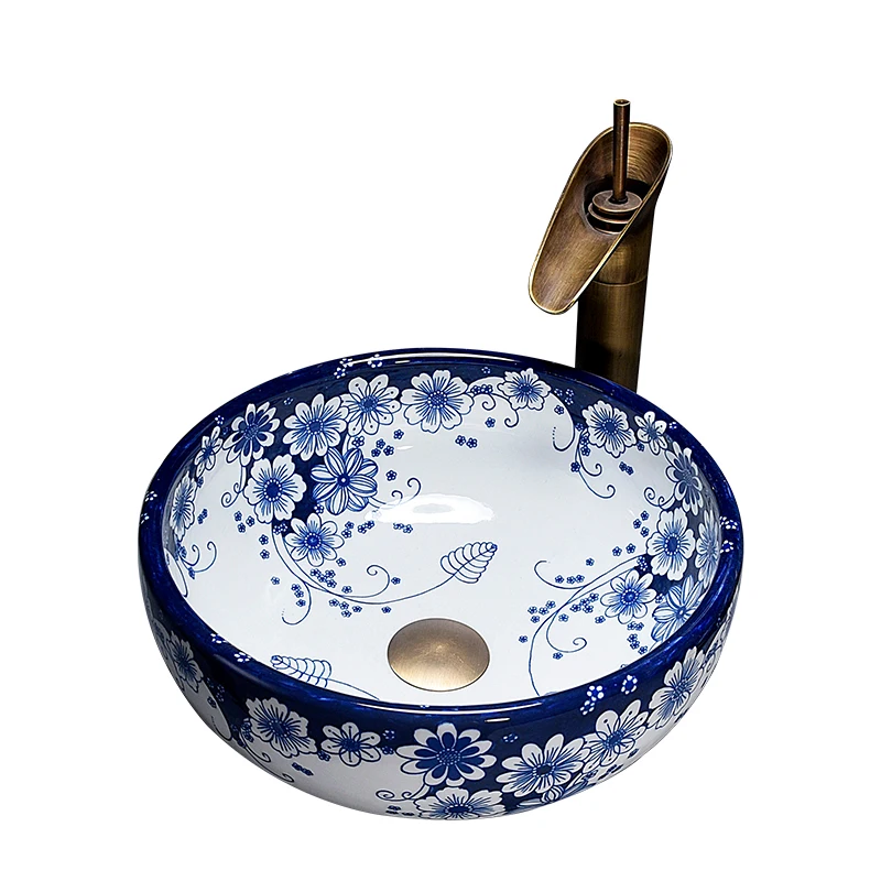 

Small apartment Chinese blue and white porcelain table basin 35cm small size wash basin retro art single basin