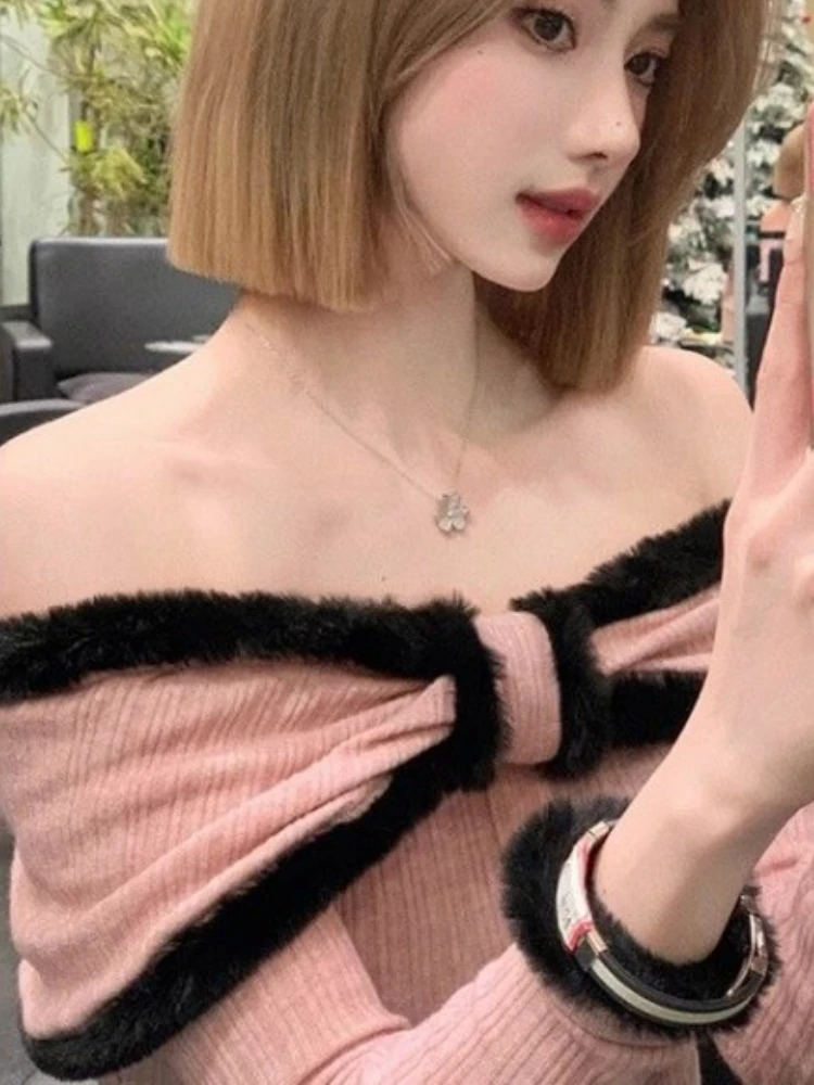 Sweet Fashion Patchwork Fluffy Pullover Y2k Aesthetic All Match Slash Neck Crop Top Casual Bottoming Women Off Shoulder Knitwear