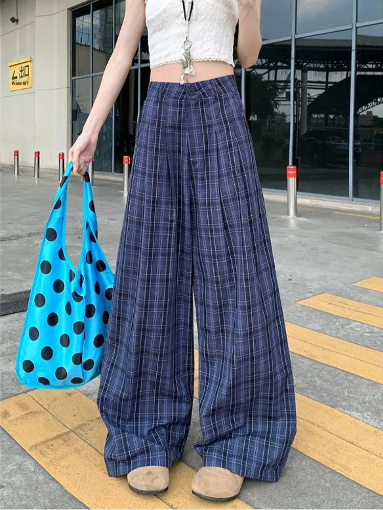 

Loose Women's Plaid High Waist Casual Pants Autumn Season Wide Leg Floor-Length Trousers Color Block Lazy Style Polyester Fiber