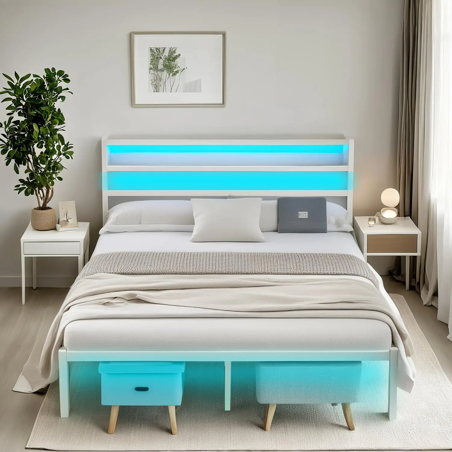 

A Large Bed Frame with Headboard, Heavy-duty Steel Bars Supporting An LED Bed Frame with USB Charging Station