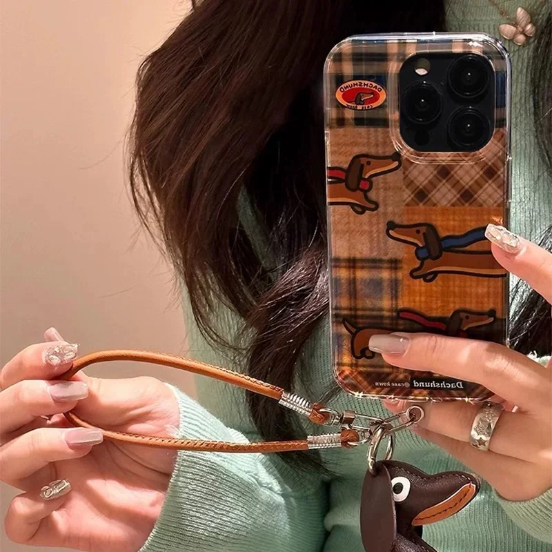 Grid splicing three sausage dog phone cases with sausage dog phone hanging rope For iPhone 11 12 13 14 15 16 pro max