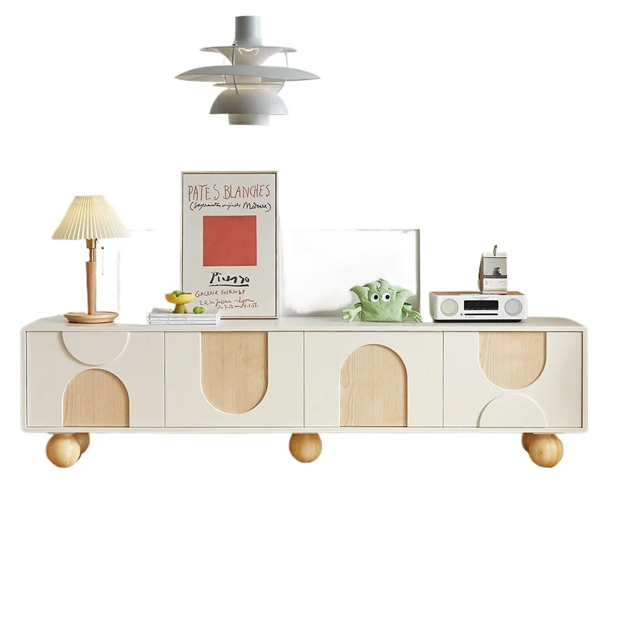 

American solid wood cream white floor cabinet, living room light luxury small apartment retro French coffee table TV