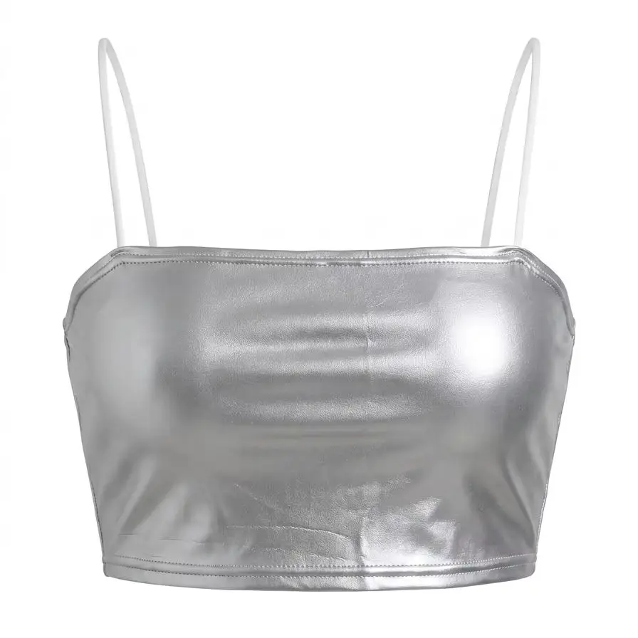 Neues Y2K Sommer Damen Sexy Silber Glänzendes Trägerloses Ärmelloses Top Modisch Elegant Einfarbig Atmungsaktives Rückenfreies Westen-Top – Detail 2