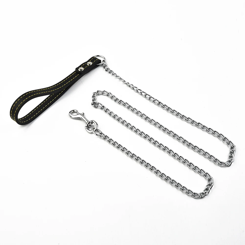 Reliable Metal Chain Dog Leash with Comfortable Leather Handle Secure Control for Strong and Active Energetic Pets