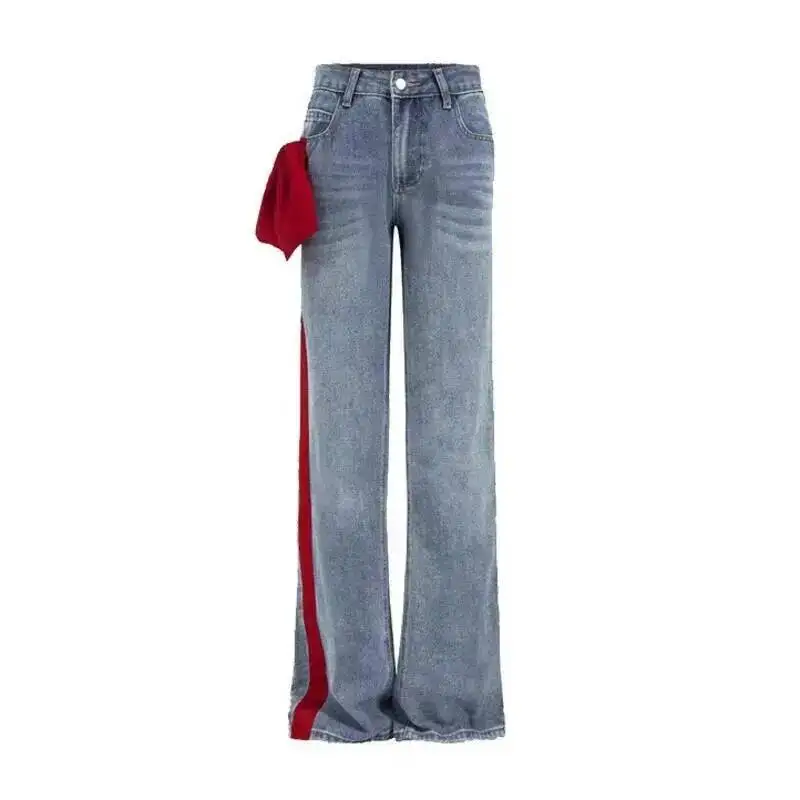 ANJY Autumn New Women Trendy Jeans Side Bowknot Contrast Color Patchwork Denim Temperament Stylish Versatile Casual Pants A10063