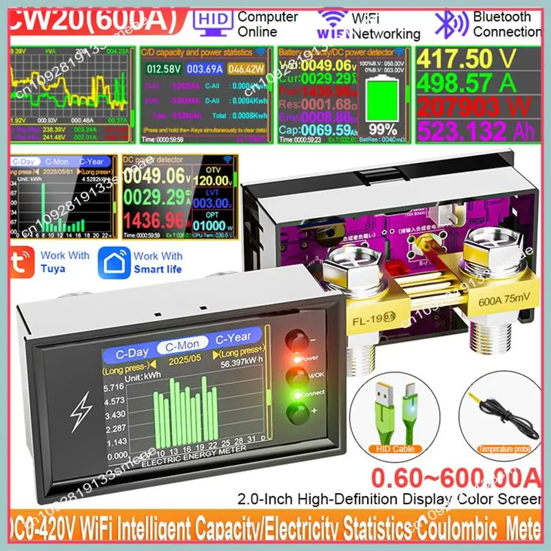 N94R Wifi Tuya Smart Digital DC0-420V 600A/420V Lithium-Batterie Kapazität Erkennung Tester Spannung Coulomb Meter DC display