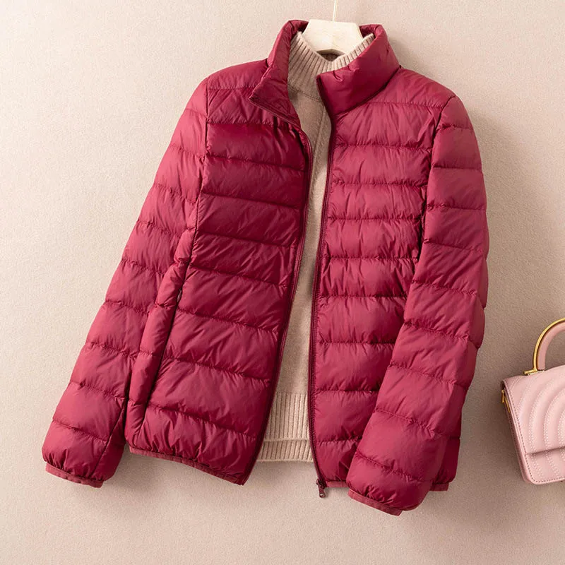 Schinteon Ultralight 90% White Duck Down Coat Casual Autumn Winter High Quality Outwear for Women Stand Collar Portable Storage