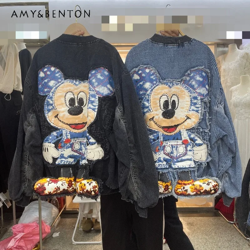 

Europe Style 2026 Spring New Arrival Fashion Stand Collar Loose Cartoon Pattern Denim Jacket Women's Trendy Coat Y2k Zipper Tops