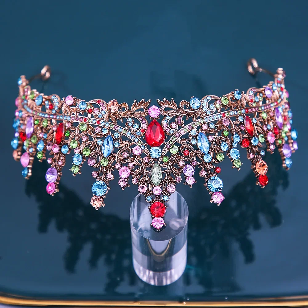 Baroque Bronze Colorful Jelly Crystal Crown Headband Royal Queen Tiaras Party Wedding Hair Accessories Rhinestone Pageant Diadem image 6