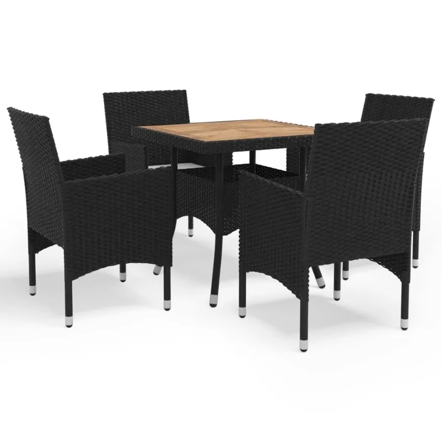 

5 Piece Patio Dining Set Black Poly Rattan and Acacia Wood