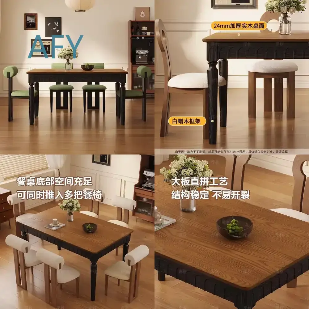 French Vintage Style Rectangular Dining Table and Chairs Set for Small Spaces Rustic Solid Ash Wood Dining Table for Home Use