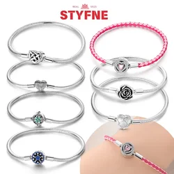 Sterling Silver 925 Romantic Pink Heart & Rose Valentine's Day Original Charming Bracelets for Women Fine Jewelry Gift