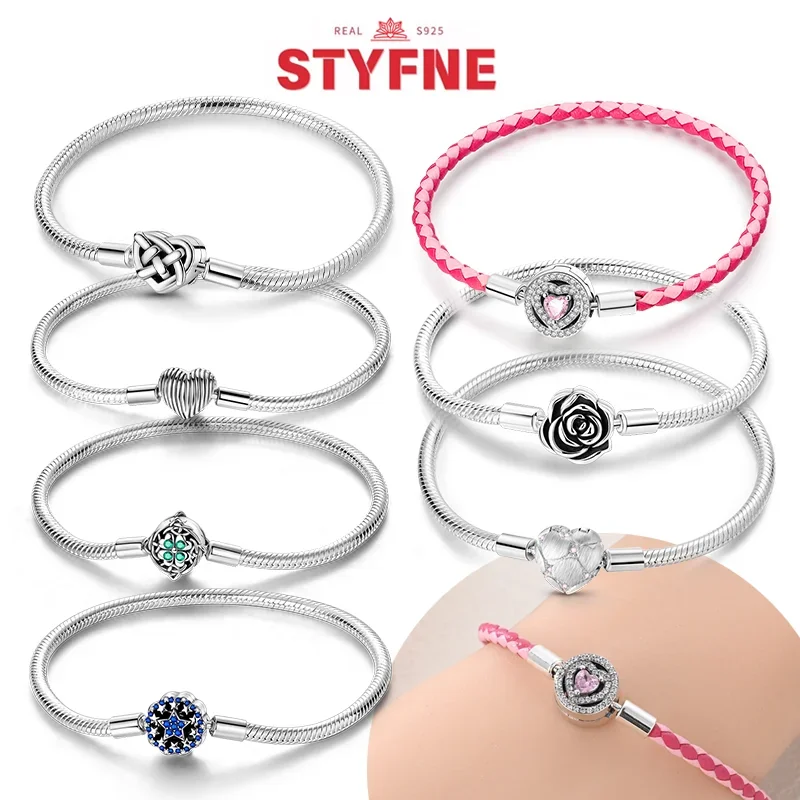 Sterling Silver 925 Romantic Pink Heart & Rose Valentine's Day Original Charming Bracelets for Women Fine Jewelry Gift