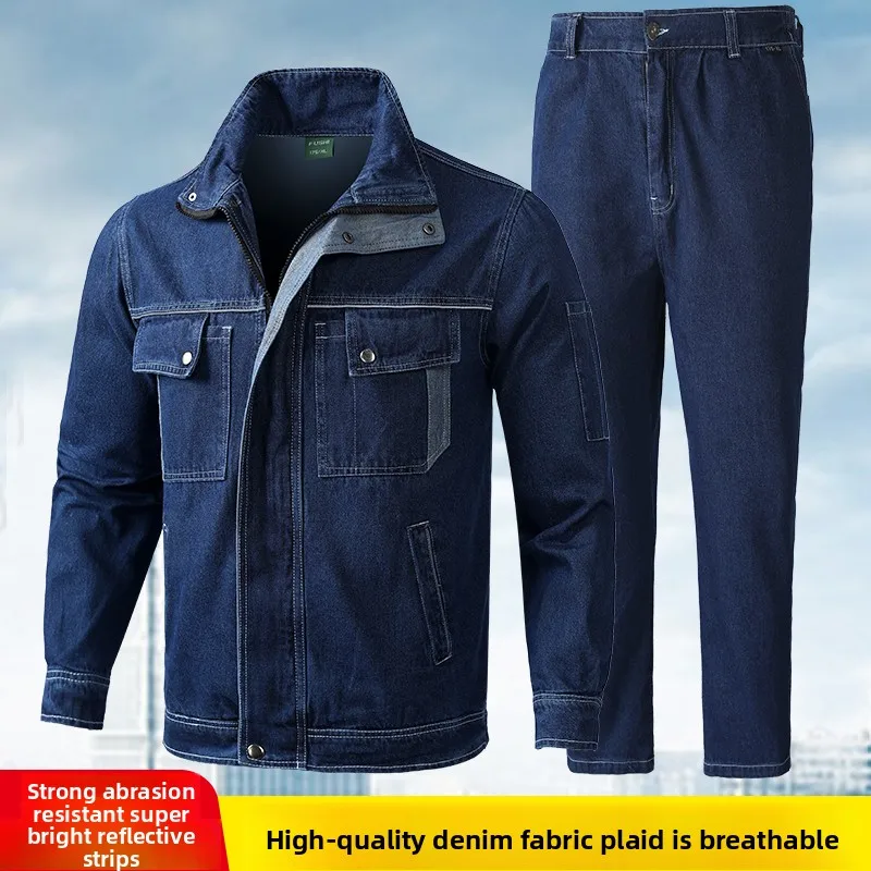 

Thiened Pure Cotton Work orm Set for Men Spring Autumn Denim Anti-Flame Anti-Scald Wear Resistant Labor Protection Clot...