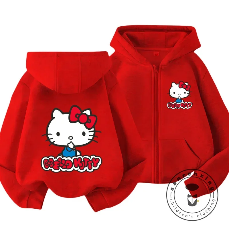 2024 New Fashion Hoodie Hello Kitty Cartoon Anime Boys and Girls Sweatshirt Autumn and Winter Pink Kawaii Cute Soft Zipper Tops