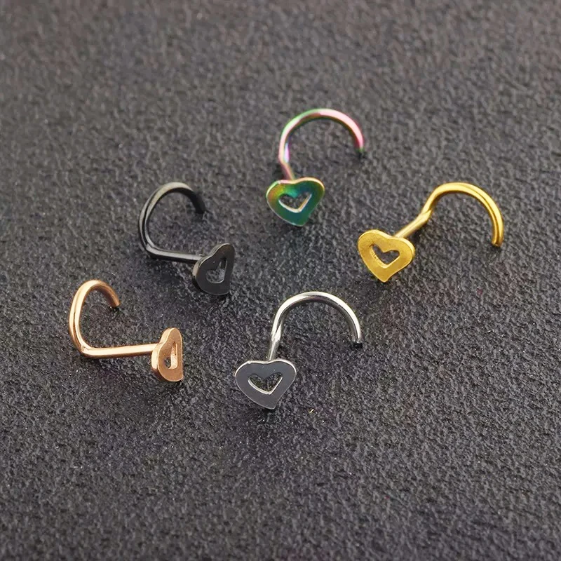 1PC Hollow Stainless Steel Heart Nose Studs Nose Hooks Bone Studs S Curved Nostril Body Piercing Multicolor Nose Rings Jewelry