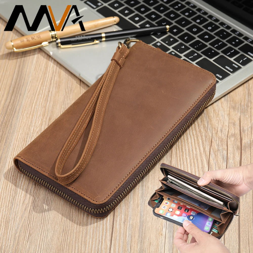 

MVA Genuine Leather Wallet For Men Vintage Long Bifold Man Wallets Purse Credit Card Holder With Zipper Coin Pocket Money Bag