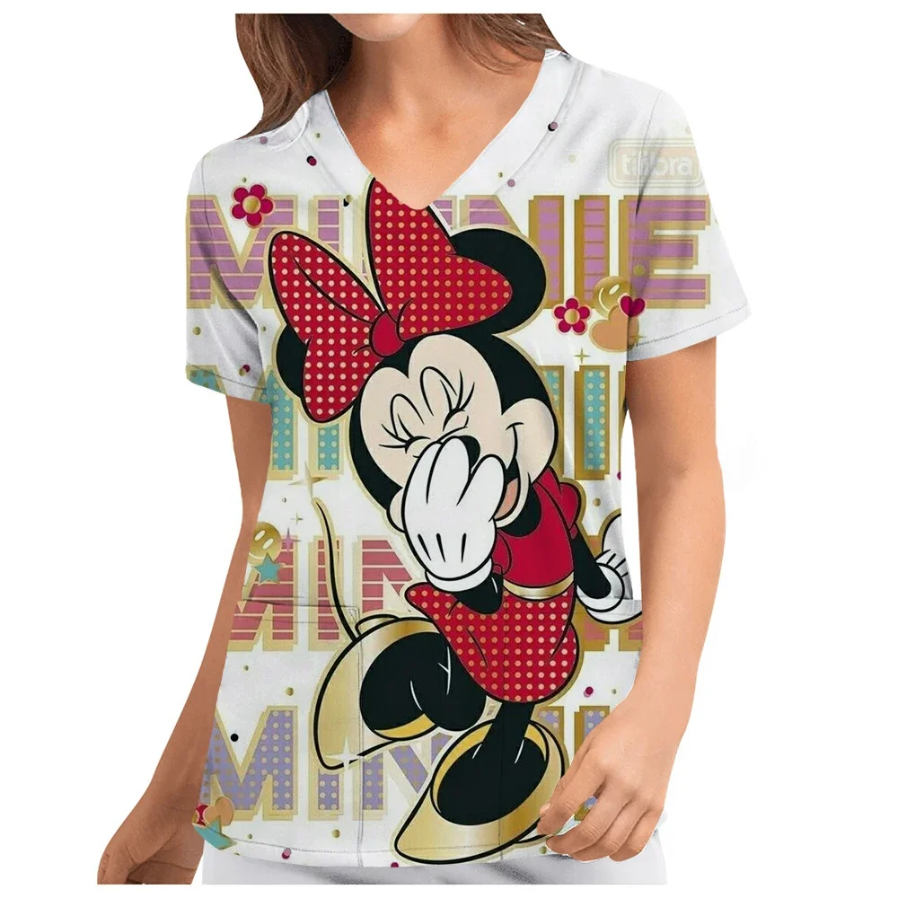 3D Disney Mickey Mouse Print Scrub Tops Women Short Sleeve V-neck Tops Nurse Uniform Cartoon Print Working Blouse Ladies uniform