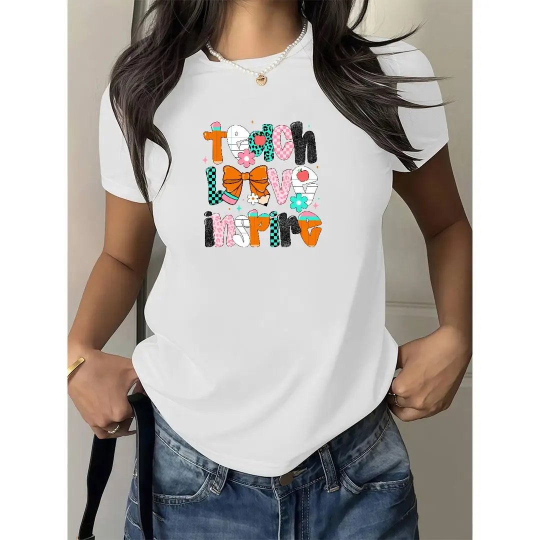 

Women's Teacher T-Shirt "Teach Love Inspire" Educator Appreciation Gift Positive Vibes School Graphic Tee Casual Top