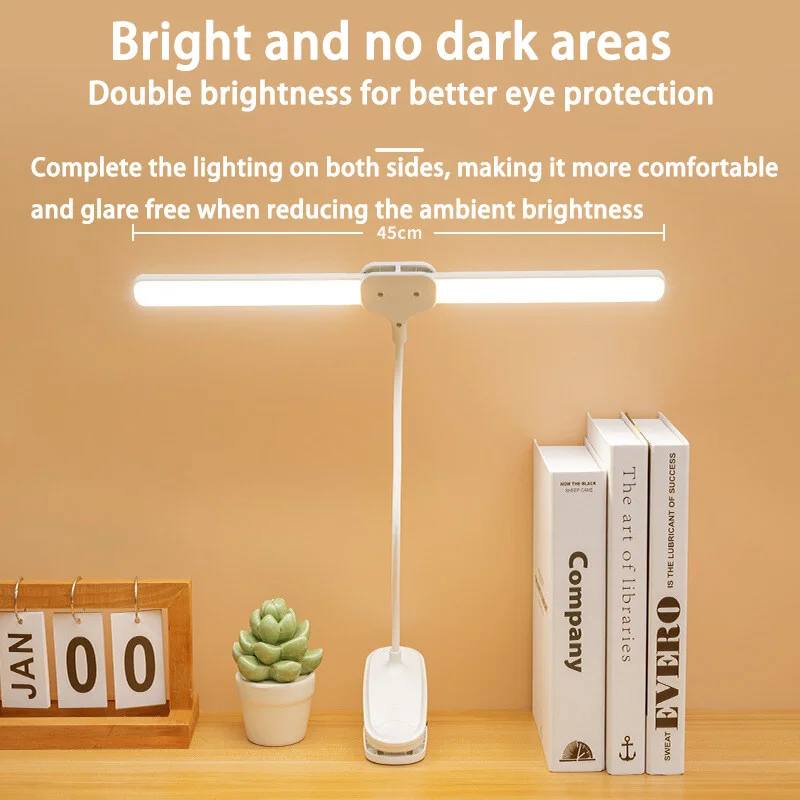 LED Clip Lamp Rechargeable Lamp Double Head Desk Lamp Flexible Gooseneck USB Charging Clip Lamp Touch Dimming Table Lamps