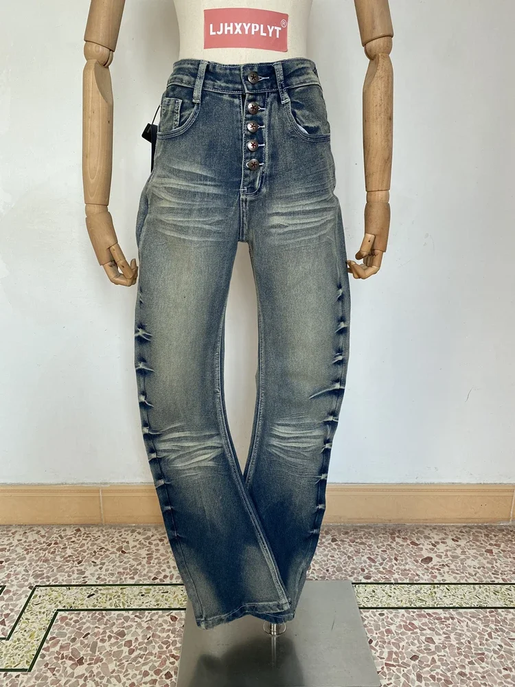 

Women's Ripple Cracks O-shaped Narrow Straight Jeans Personalized Trousers Cool Girl Casual Bottoms Female Street Pants