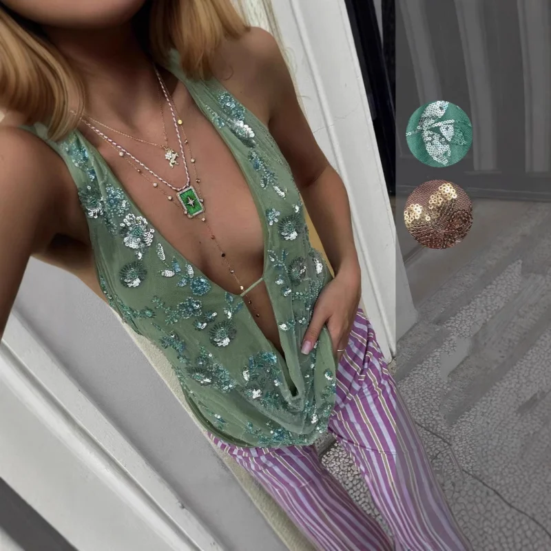 

Sexy Glitter Sequin Tank Tops Women Y2K Fashion Deep V-neck Hollow Out Cropped Tops Tee Summer New Backless Beach Tops