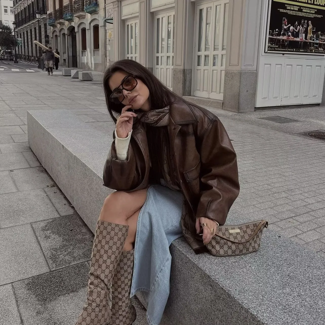 KIDCRKJ سترة السائق للنساء ربيع الخريف المرأة ريترو قصيرة التلبيب سترة جلدية عادية بلون معاطف المرأة بلايز #1