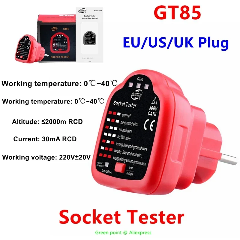 

5PCS BENETECH Socket Tester GT85 Mini Voltage Detector EU/US/UK Plug 30mA RCD Used For Polarity Detection Of Power Socket Wiring