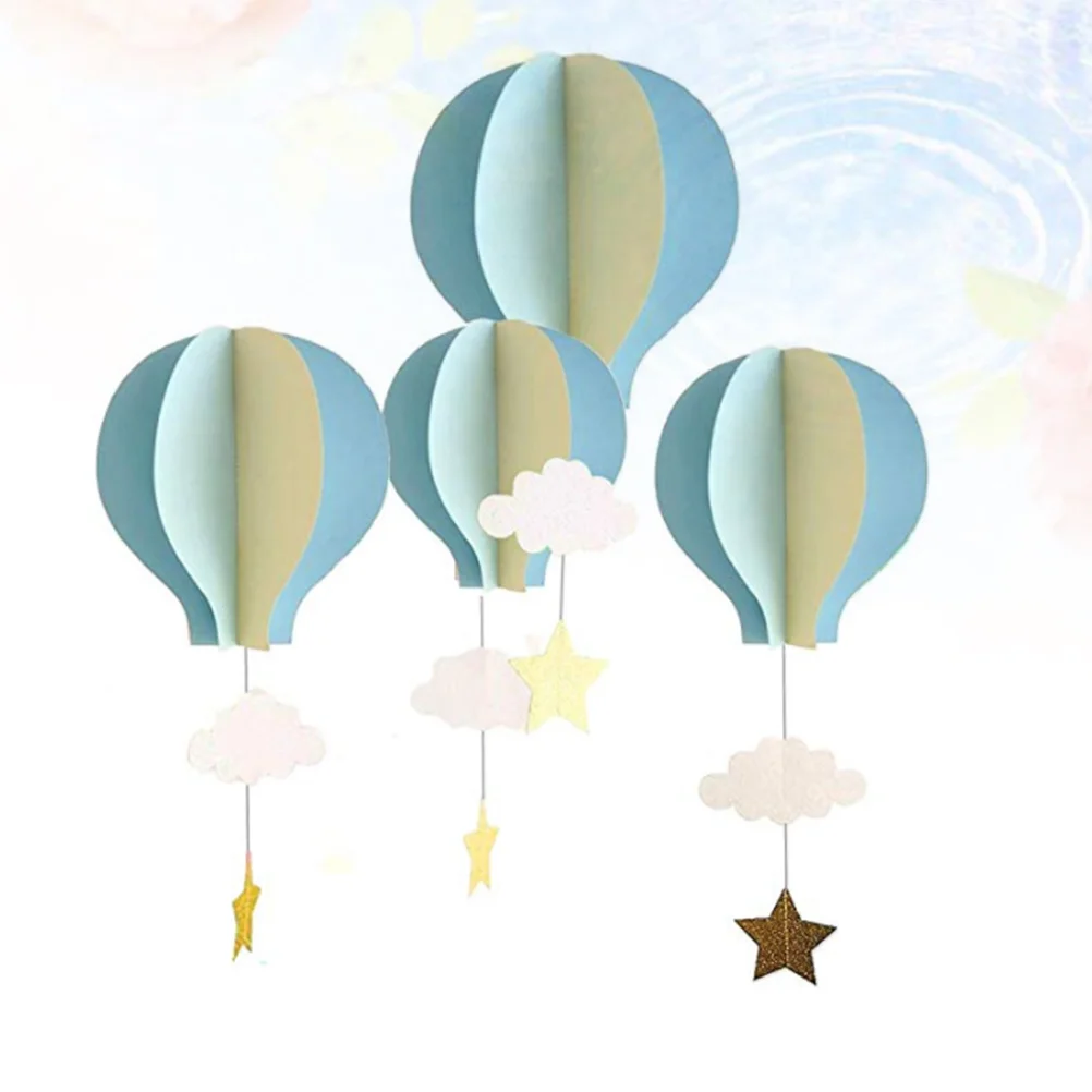 4pcs 3D Paper Pendant Hot Air Balloons Clouds Stars Hanging Ornaments for Home Decor (Light Blue Sky Blue and Beige)