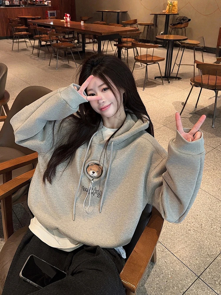 

Корейская женская толстовка с капюшоном на флисовой подкладке, утепленная, с длинными рукавами, вышивкой, повседневная, свободного кроя, весна 2026, для повседневной носки, теплая