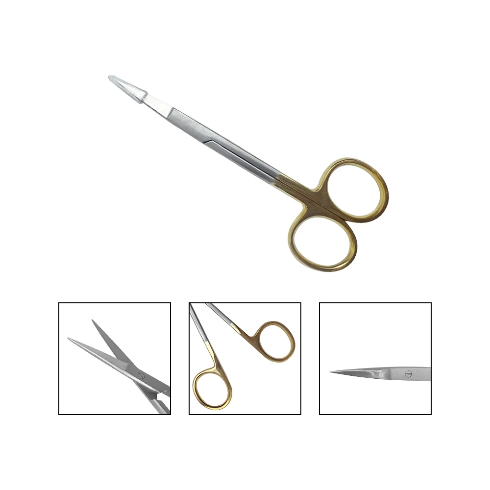 Tijeras quirúrgicas dentales, pinzas de punta recta/curva, acero inoxidable, mango chapado en oro, herramientas de dentista, instrumento de