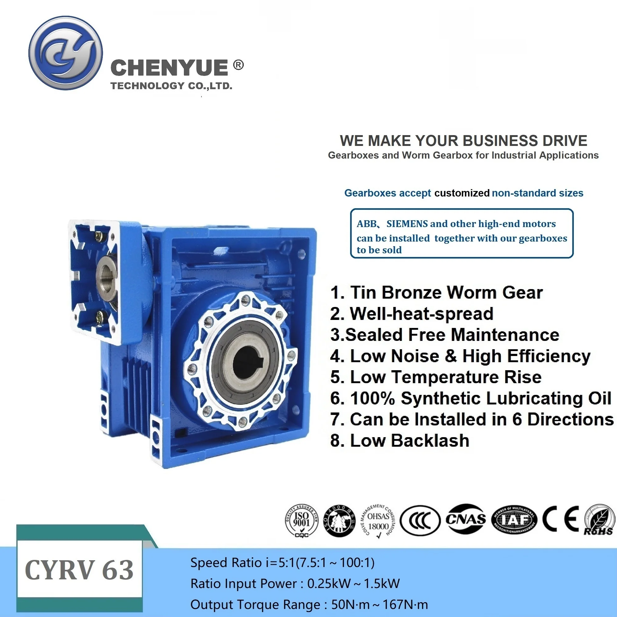 CHENYUE High Torque Worm Gearbox NMRV063 Input 14/11/19mm Output 25mm Ratio 5:1/100:1 Free Maintenance