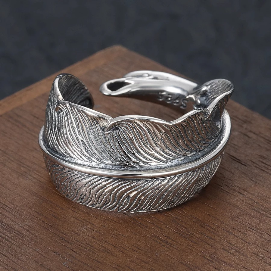 Punk retro 925 sterling silver feather ring Eagle open ring High sense special-interest design bracelet