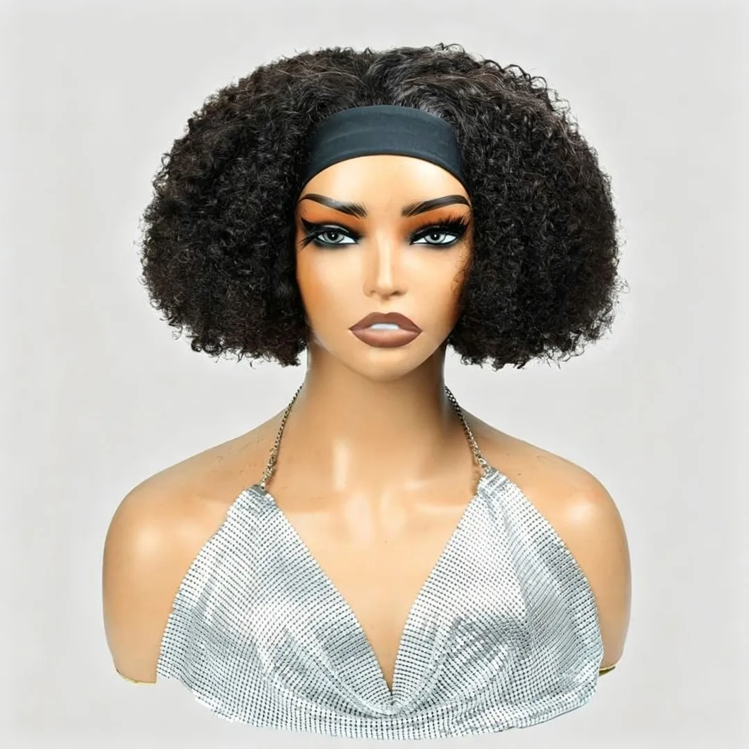 

Afro Kinky Curly Human Hair Headband Wig, Virgin Human Hair, Ice Silk Glueless Headband Wigs, Easy Install, Can Be Dyed & Permed