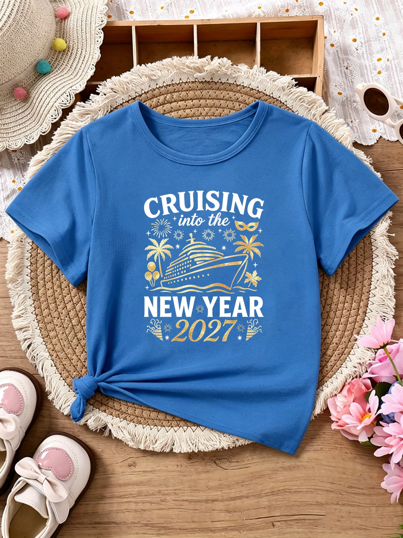 Cruising Into The New Year 2027 Cruise Ship Balloon Printed T Shirt Girls/Boys New Year'S Gift T-Shirt Funny Kids Clothes
