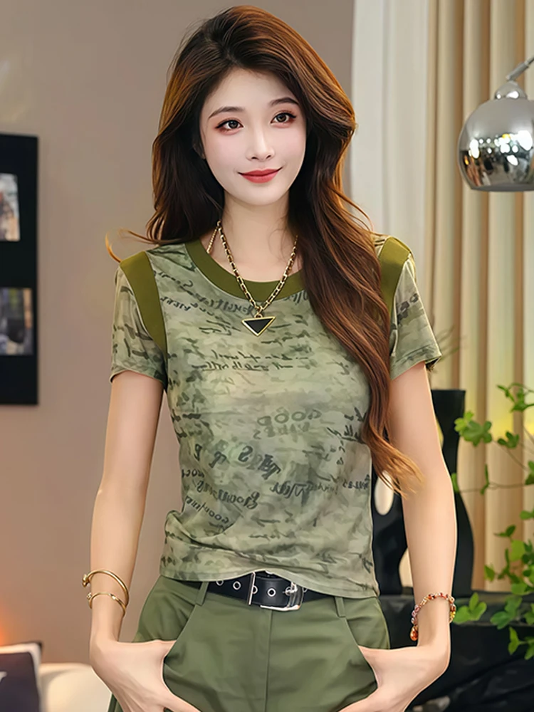 Ele round Ne ort Sve T-irt レディース Sle 2026 夏新作 ular スリミング プリント トップス 韓国 Sle 通勤