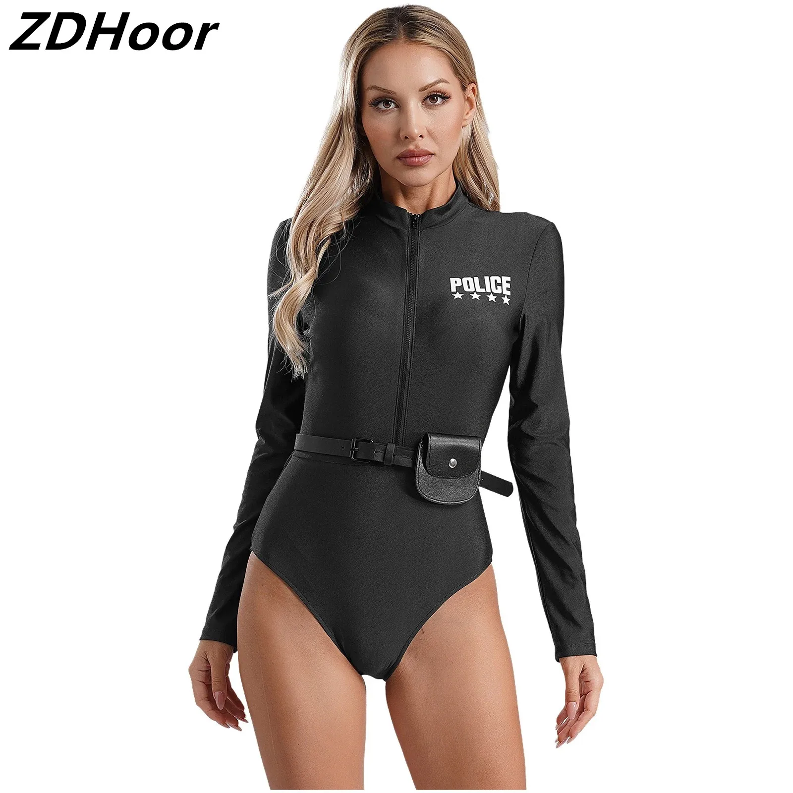 

Womens Police Uniform Dirty Cop Policewoman Cosplay Costume Front Zipper Long Sleeve Print Bodysuit with Belt And Purse