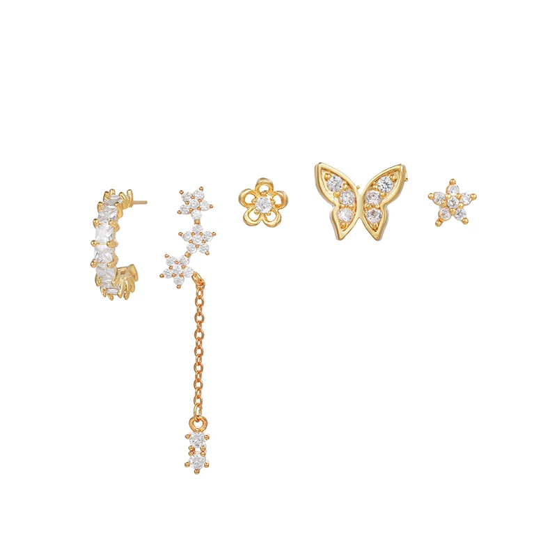 

5pcs Gold Plated Star Flower Stud Earrings for Women CZ Zirconia Butterfly Earrings Set Woman Elegant Piercing Jewelry Accessory