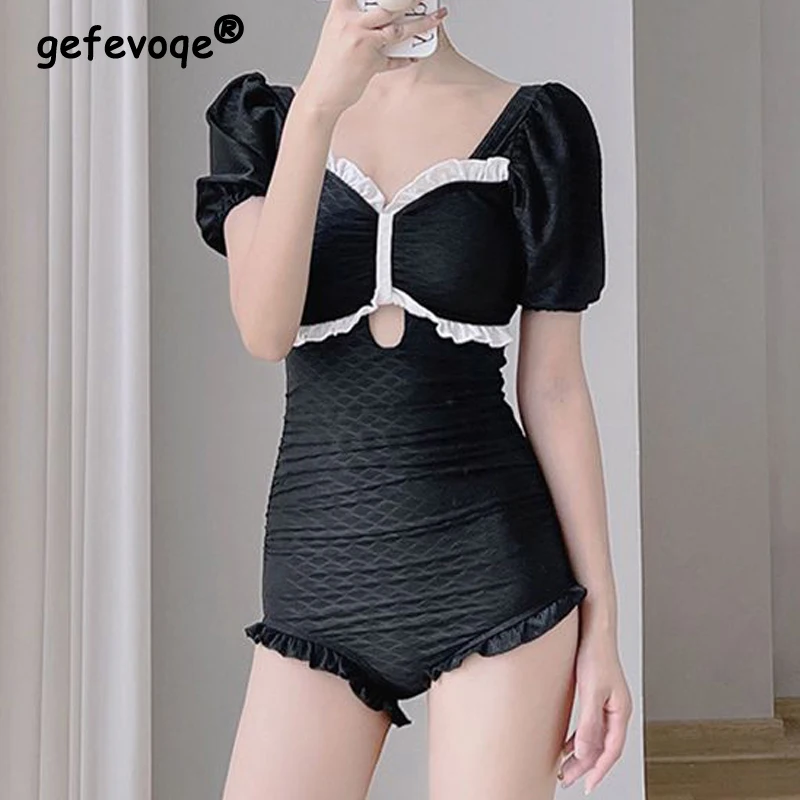 2023 Summer Women Vintage Ruffle Sexy Hollow One Piece Swimsuit Trendy Short Sleeve Push Up Beach Bathing Bodysuit Slim Swimwear