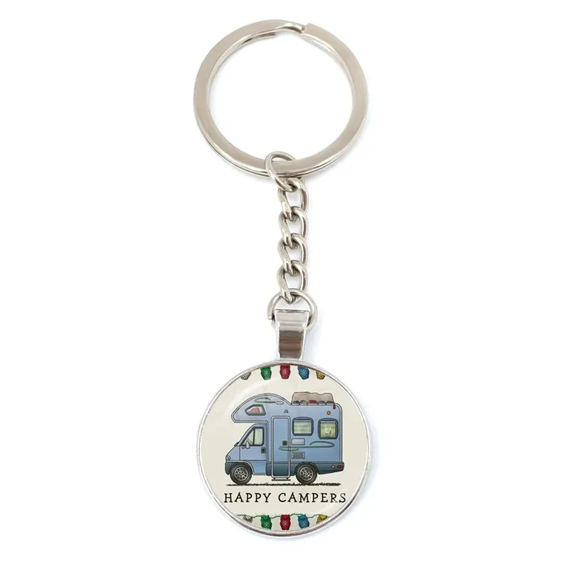 New/Cute Camper Wagon Keychain, I Love Camping Keychain, Holiday Travel Souvenir Gift, Handmade 25MM Glass Dome Keychains