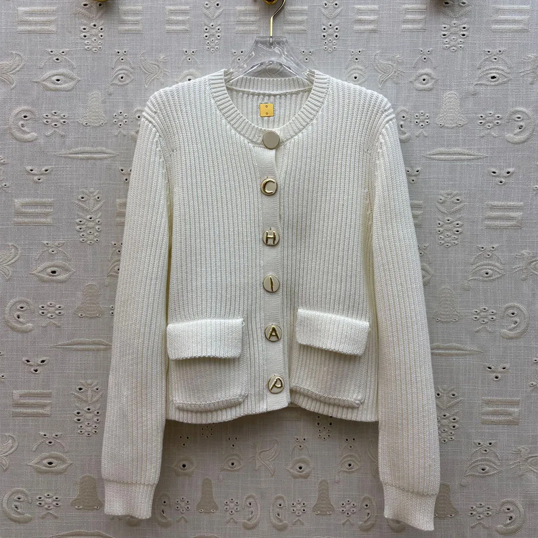 

2025 New Fashion Autumn Casual Cardigan Women O-neck Long Sleeve Letter Buttons Pockets Solid Color Cute Knitted Sweater