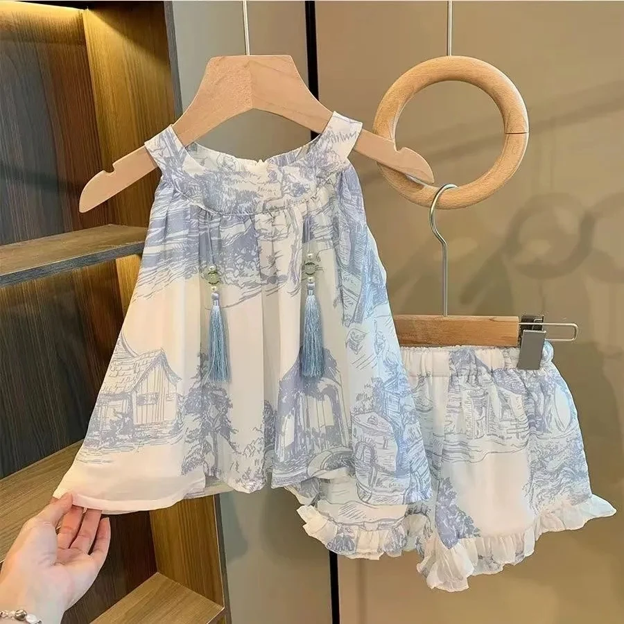 

Girls' Baby Summer Set New Chinese Style Sling Top and Shorts 2-piece Set for Children's Fashion Clothing Suit