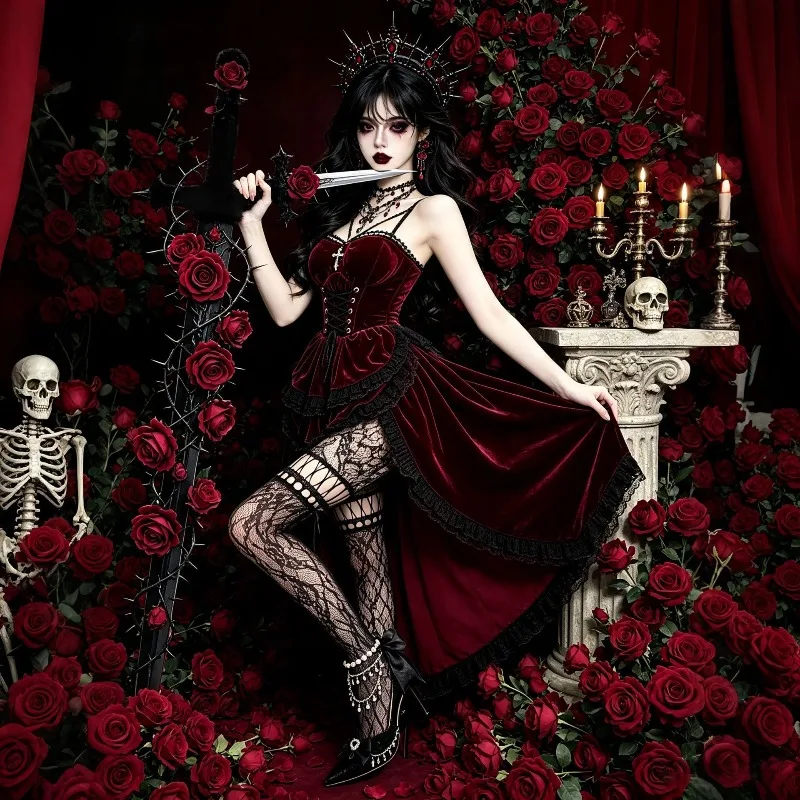 Disfraz de Halloween para mujer adulta, estilo gótico, de vampiresa reina, con corsé de terciopelo rojo vino y vestido largo con cola, ideal para fiestas temáticas y eventos de disfraces.