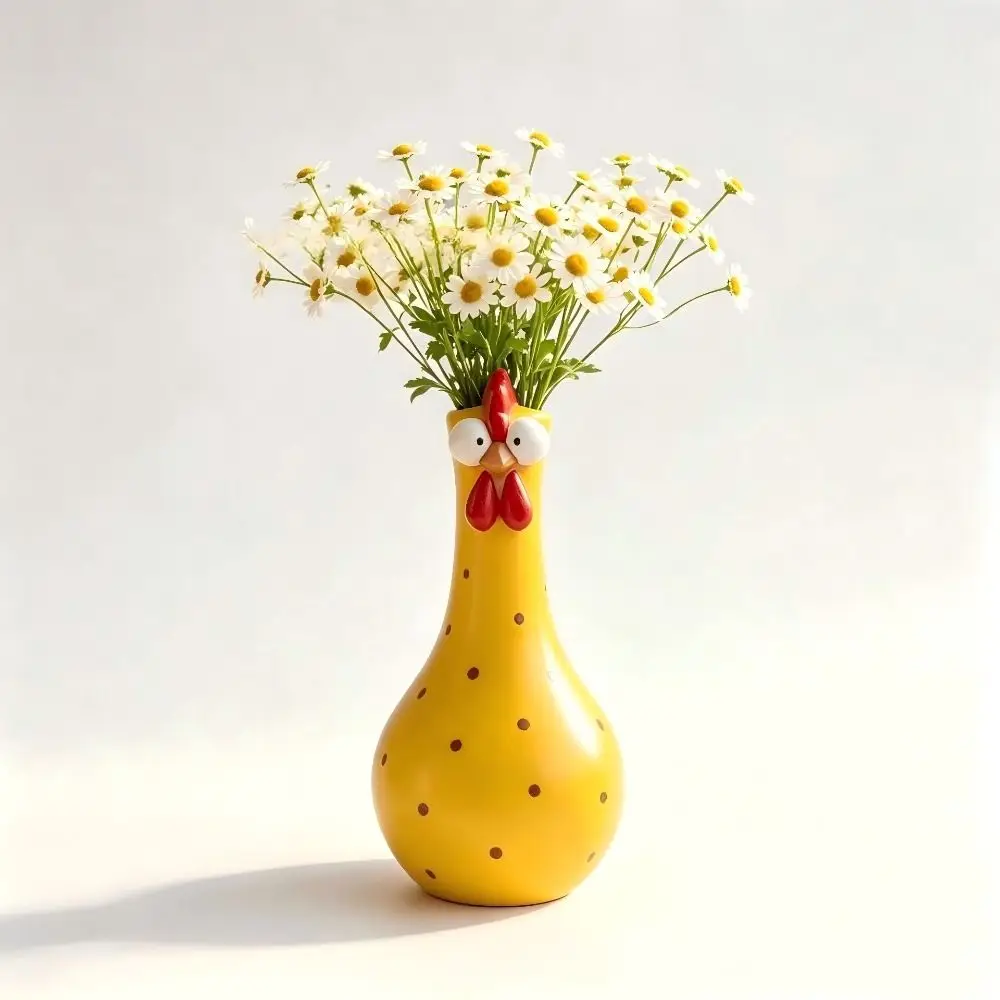 Resin Long Neck Chicken Vase Hand Painted Colorful Hen Vase Colorful Polka Dot Cartoon Style Chicken Statue Vase Home Decoration