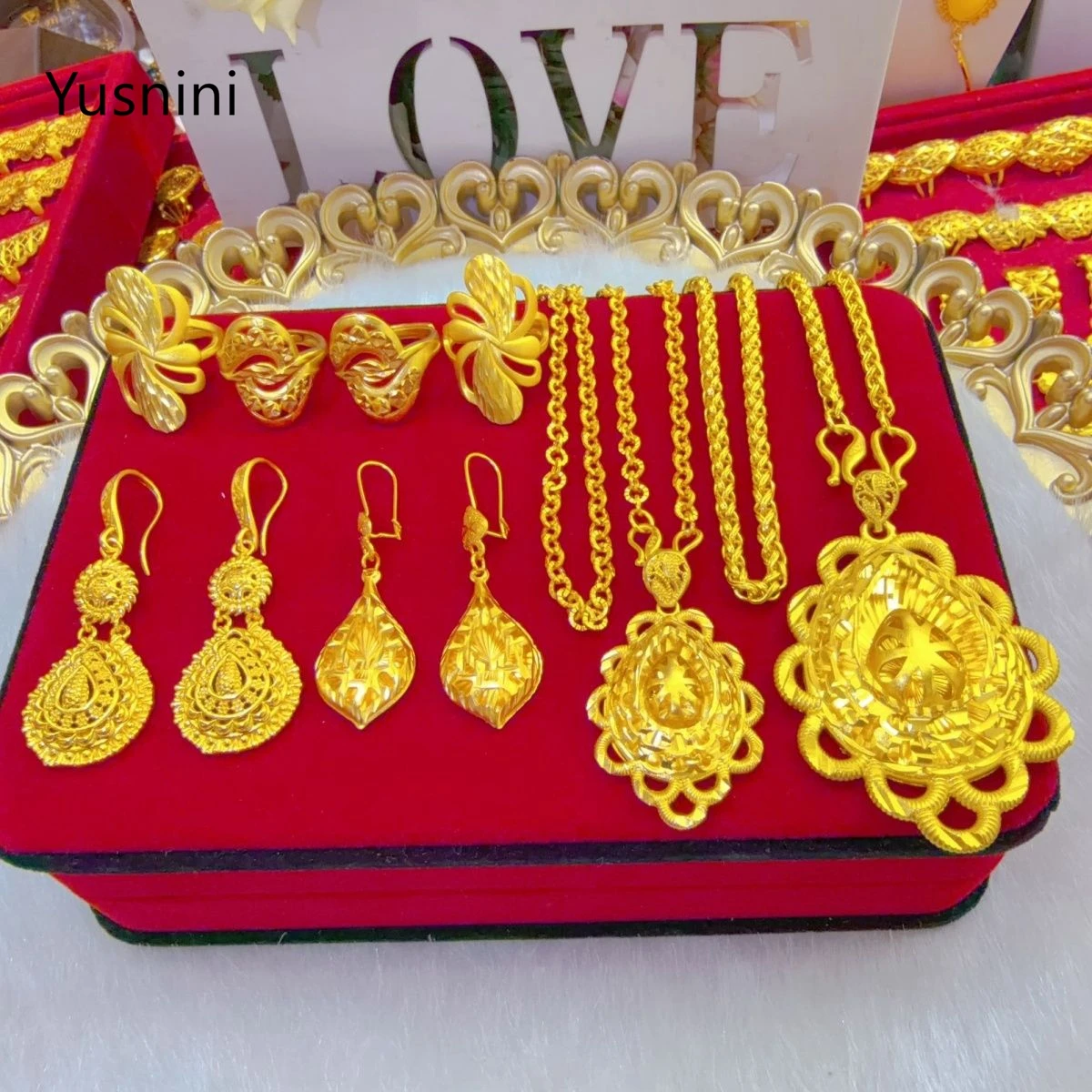

New French Fashion Dubai High-End 24K Gold Plated Necklace and Ring Set, Exquisite Wedding Party Jewelry for Beloved 444